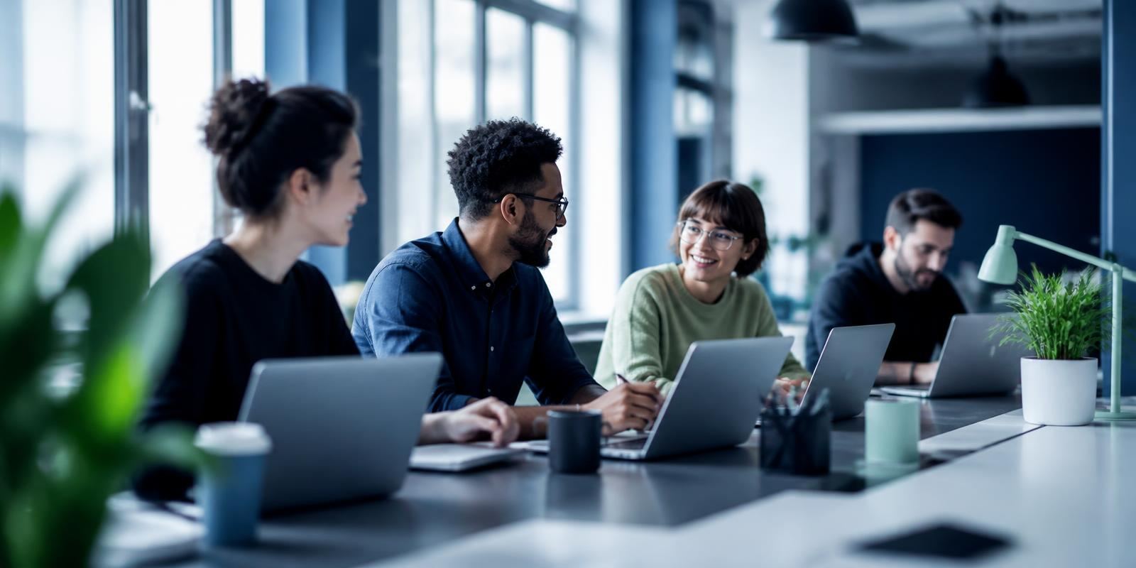 Software professionals collaborating around a shared workspace